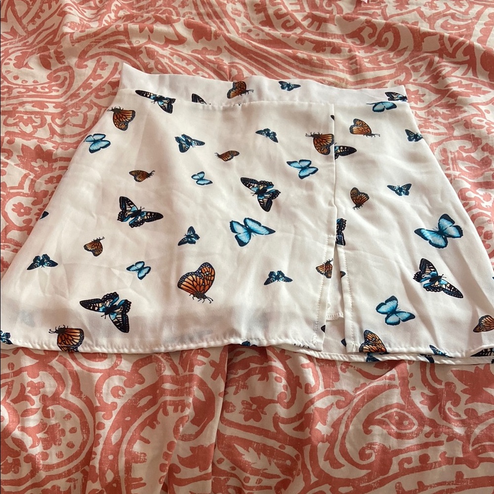White and Blue Butterfly Mini Skater Skirt